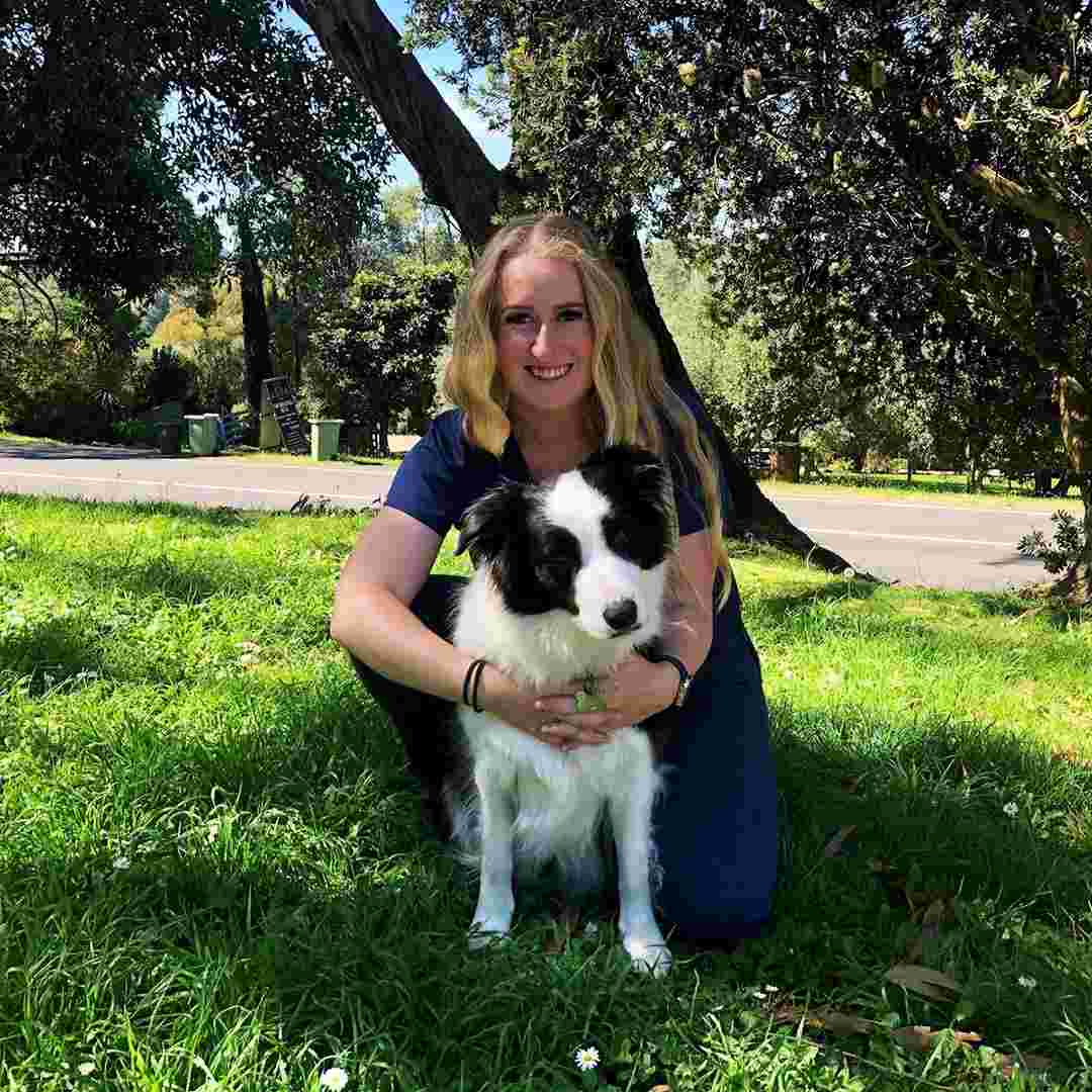 Emily Crouching with Border Collie in Grass Woman in navy scrubs smiling while crouching beside a black and white Border Collie on a sunny patch of grass near a road