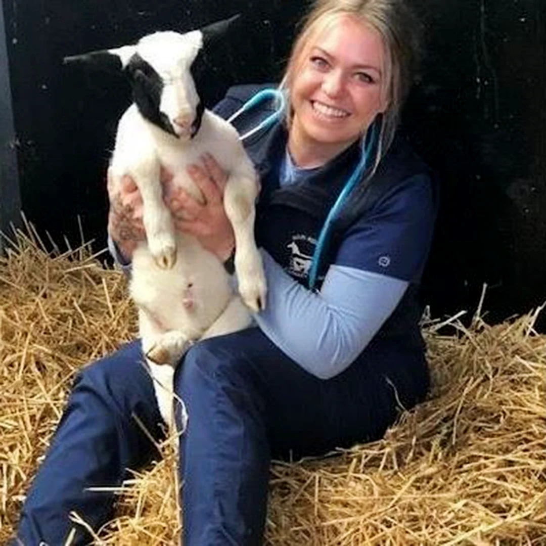 Woman in scrubs smiling while holding a black and white lamb in a pen with straw bedding
