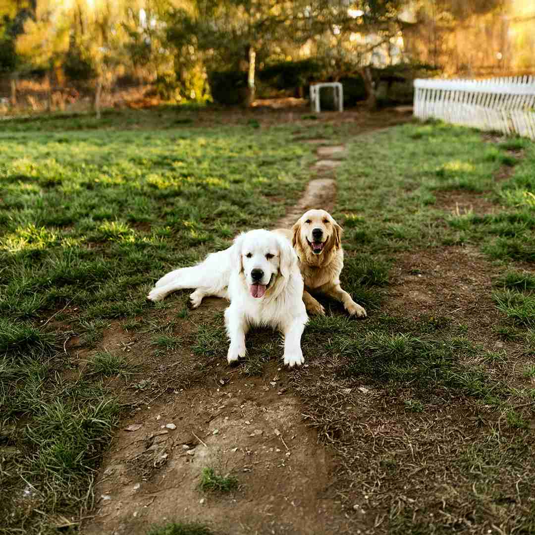 White and golden retrievers lying on a worn grassy path in a sunlit paddock near a white fence
